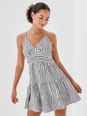 American Eagle Striped Mini Dress Cotton Linen Tiered Tie Back Women’s XS